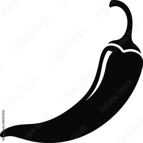 A simple black silhouette of a curved chili pepper on a white background