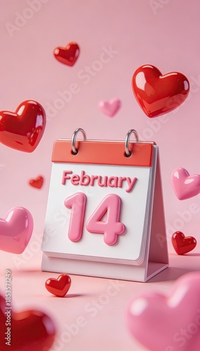 Valentine Day Calendar with February Fourteenth Date Surrounded by Floating Red and Pink Hearts on Soft Background, Romantic Love Holiday Concept