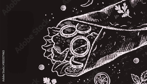 Chalkboard Style Chicken Wrap Illustration with White Line Art for Restaurant Menu Board