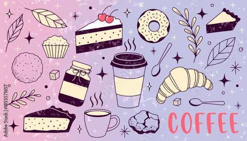 Coffee and Bakery Doodle Vector on Pastel Gradient Background for Cafe Social Media Design