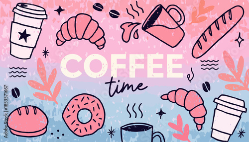 Vibrant Coffee and Pastry Doodle Art on Soft Gradient Background for Dessert Shop Branding