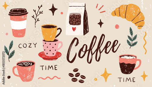 Whimsical Coffee Mug Doodle Illustration with Hand-Drawn Textures and Cozy Morning Vibes for Digital Content