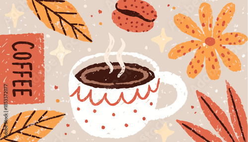 Cozy Handmade Coffee Cup Doodle Illustration with Warm Aesthetic and Artistic Sketch Style for Cafe Social Media
