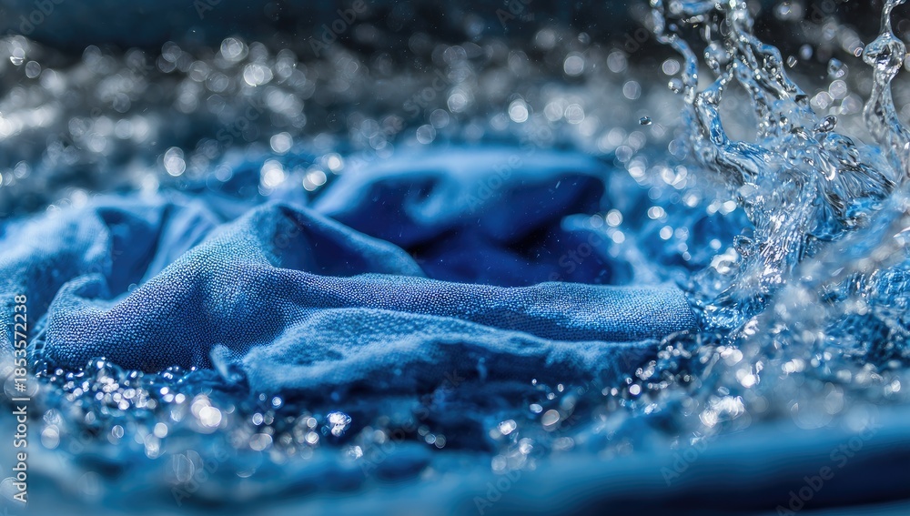Fototapeta premium Blue fabric submerged in dynamic water splashes, creating a clean sensation