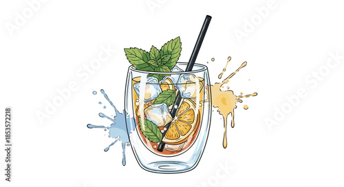 Refreshing hand-drawn illustration of an iced drink with mint, orange, and ice in a double-walled glass, surrounded by vibrant liquid splashes.