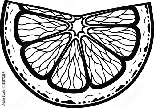 A simple black and white illustration of a citrus fruit slice likely a lime