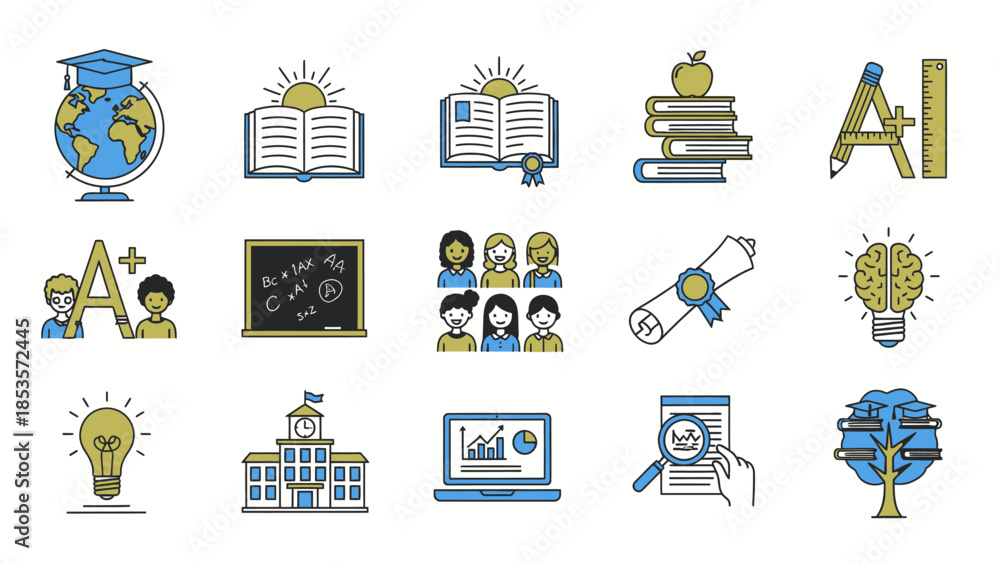 Obraz premium Education Icons Set: Learning, Knowledge, School, Graduation, Brainstorming, AI
