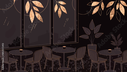 Sophisticated Dark Coffee Shop Illustration with Gold Accents and Minimalist Line Art for Upscale Cafe Branding