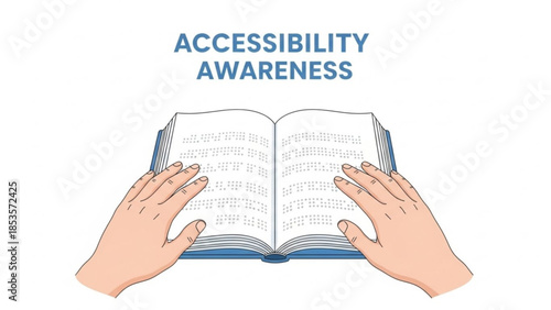 Hands reading braille book for accessibility awareness