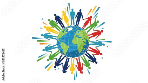 Diverse people holding hands around the earth globe