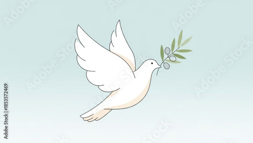 White dove flying with olive branch in beak on light blue