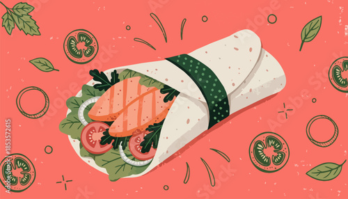 Fresh Chicken Wrap Illustration with Green Accents, Healthy Food Menu Vector Graphic