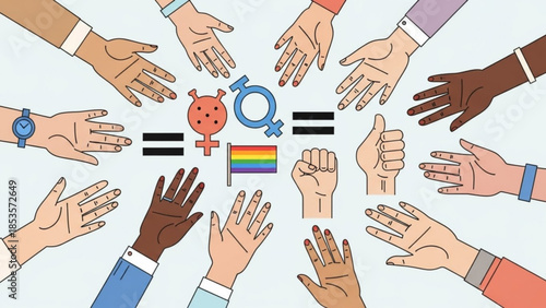Diverse hands reaching for equality and lgbtq pride symbols