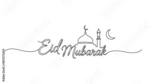 Eid Mubarak Calligraphy with Mosque Silhouette and Crescent Moon
