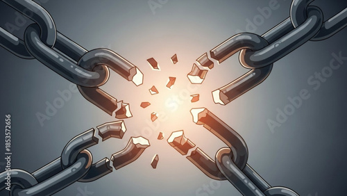 Broken chain links shattering apart with glowing light