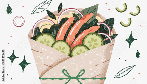 Healthy Chicken Wrap Vector Illustration with Fresh Green Accents, Hand-Drawn Food Graphic