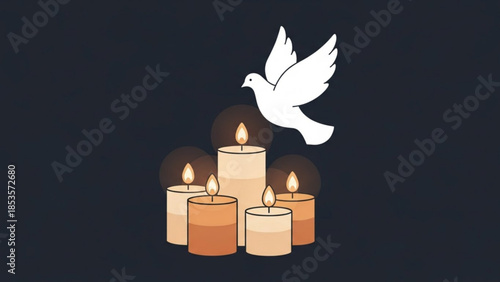 White dove flying over lit candles on dark background