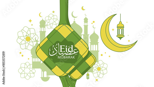 Eid Mubarak Ketupat, Crescent Moon, Lantern and Mosque Silhouette - Islamic Celebration