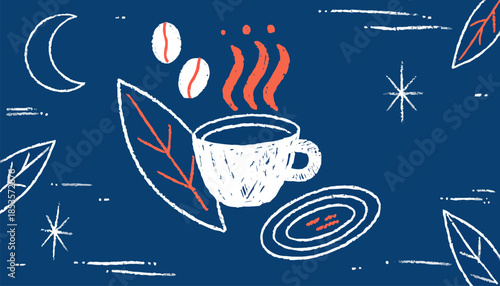 Coffee Doodle Illustration on Midnight Blue Background, Cozy Night Cafe Vector Graphic