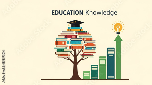 Education knowledge concept with tree books graduation cap