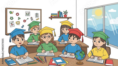 Happy children in graduation caps sitting at desks