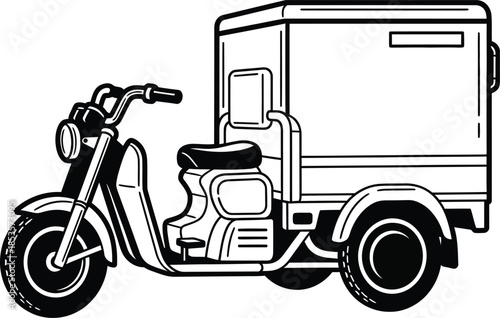 Simple black and white illustration of a three wheeled delivery motorcycle with a box