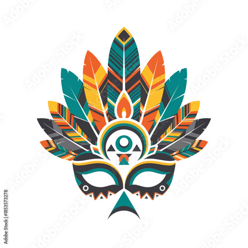 Vibrant tribal-inspired mask featuring feathers and symmetrical design emphasizing cultural