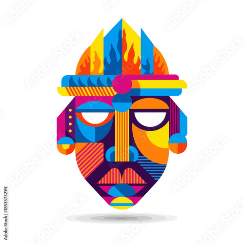 Vibrant Abstract Representation of a Tribal Mask with Bright Colors and Geometric Patterns