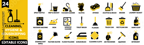 Set of 24 Cleaning and Hygiene Service Icons. Vector Illustrations for Housekeeping, Janitorial Supplies, Sanitation, and Laundry.