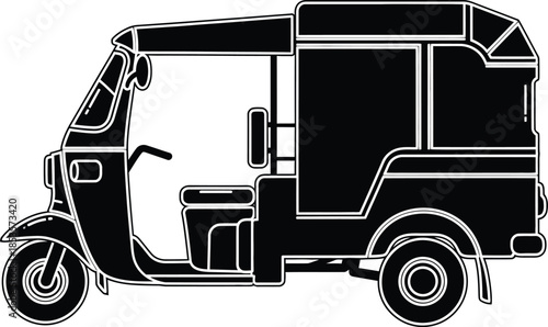 A simple black and white illustration of a three wheeled auto rickshaw vehicle