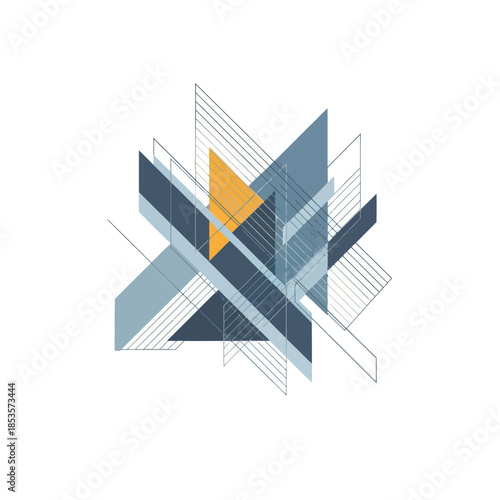 Abstract geometric composition with layered shapes in muted blue and yellow tones representing