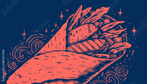 Moody Midnight Blue Background with Chicken Wrap Line Art Illustration for Modern Food Branding