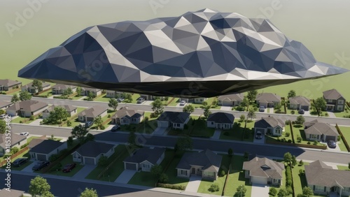 Futuristic UFO Over Suburban Neighborhood Hovering Modern Landscape. Concept featuring ufo, suburban, neighborhood, futuristic, hovering.