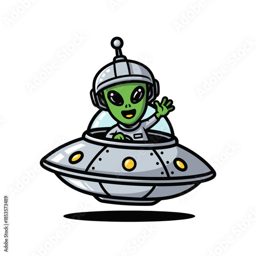 Cute cartoon alien piloting a small flying saucer with friendly gesture and vibrant colors