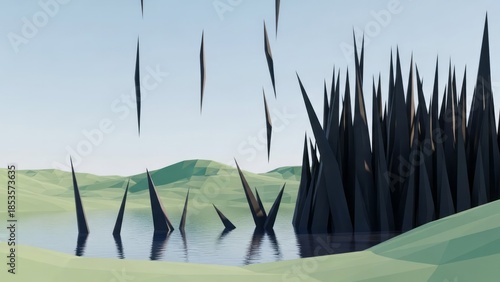 Abstract Landscape with Black Spikes Surreal Lake Green Hills. Concept featuring abstract, landscape, surreal, black spikes, lake.