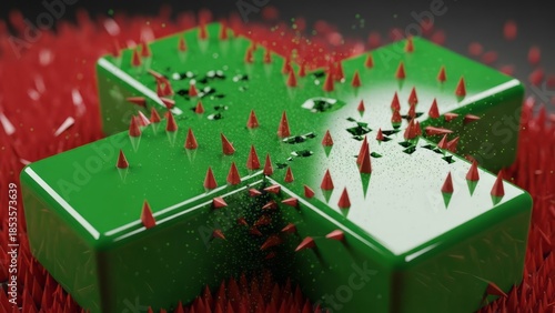 Abstract Green Cross with Red Spikes 3D Rendering Vibrant Colors Dynamic Design. Concept featuring abstract, green cross, red spikes, 3d rendering, vibrant colors.