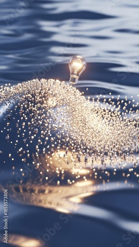 Illuminated Light Bulb Above Water Surface Sparkling Droplets Illumination. Concept featuring light bulb, water, sparkling, droplets, illumination.