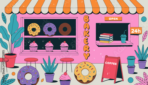 Playful Colorful Bakery Vector Illustration with Donuts Cupcakes and Sweets