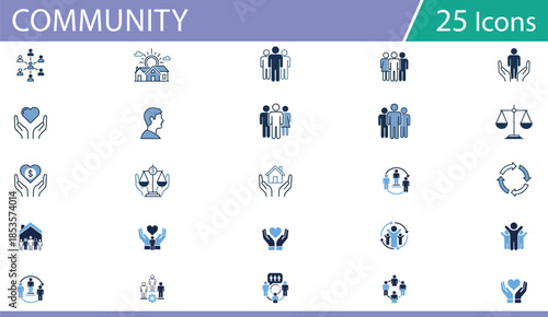 Grid of 25 blue line icons for community, social care, and nonprofit services, ideal for human-centered vector illustration content