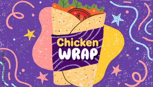 Playful Kids Menu Illustration of a Chicken Wrap Sandwich with Cute Characters