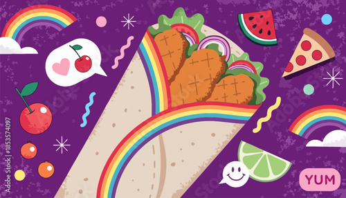 Chicken Wrap Vector Illustration with Rainbow Accents and Fun Food Icons