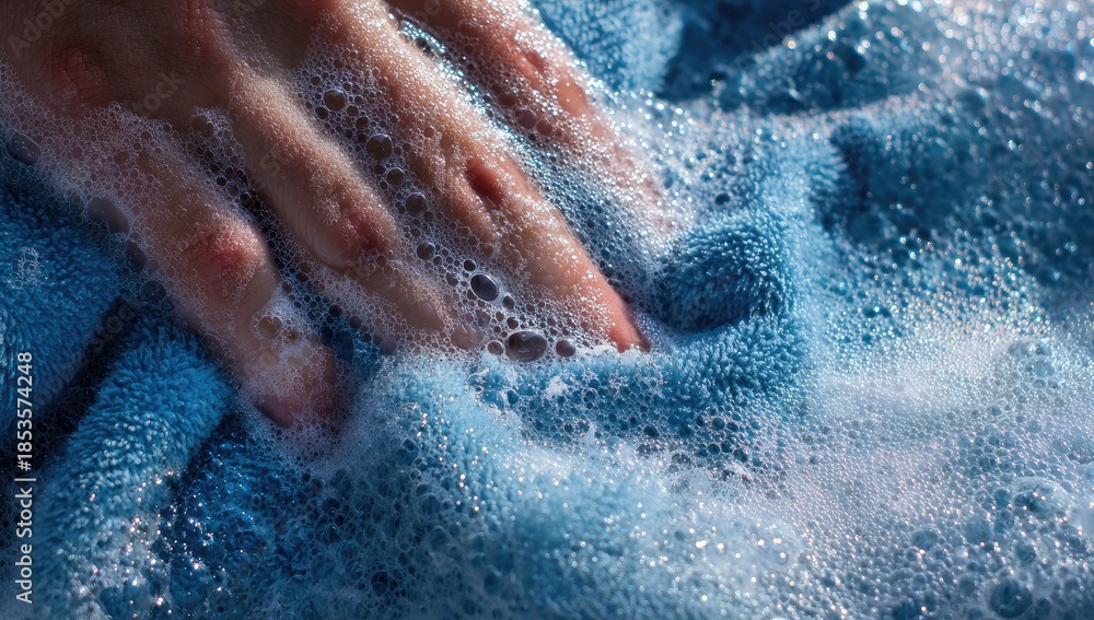 Fototapeta premium A hand gently rubs a soft blue fabric covered in cleansing foam