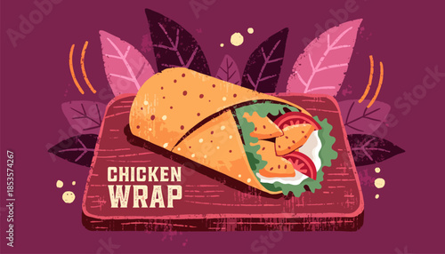 Rustic Chicken Wrap Vector Illustration in Warm Earthy Tones for Menus