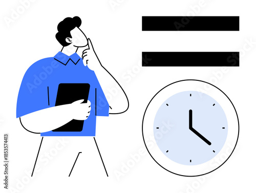 Man holds tablet, thinking deeply beside a clock and equality sign. Ideal for time efficiency, decision-making, equality, productivity, organization, focus planning. Simple flat metaphor