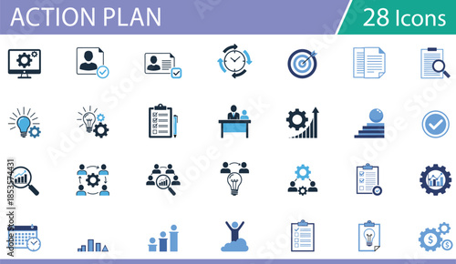 Grid of 30 blue and black line icons for business productivity and planning, ideal for strategic vector illustration content