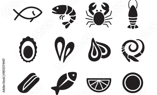 A collection of simple black and white illustrations of various seafood and food items on a plain white background
