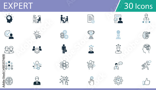 Grid of 30 blue and black line icons for business, innovation, and personal growth, ideal for strategic vector illustration content