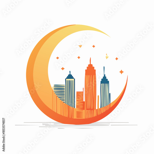 Cityscape illustration with skyscrapers and crescent moon in the background