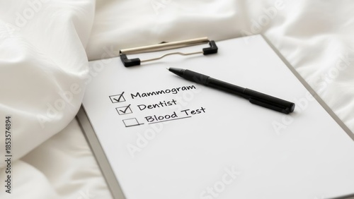 Health Checklist on Clipboard Mammogram Dentist Blood Test. Concept featuring health, checklist, clipboard, mammogram, dentist.