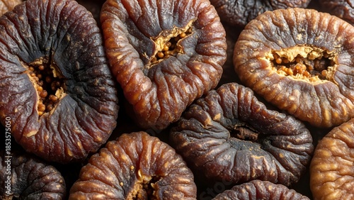 Macro Close Up of Sweet Dried Figs Texture with Visible Seeds and Rich Dark Brown Wrinkled Skin